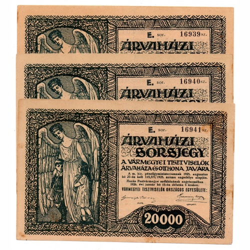 20000 Korona Árvaházi Sorsjegy E sorozat 1925 sorszámkövető 3 db