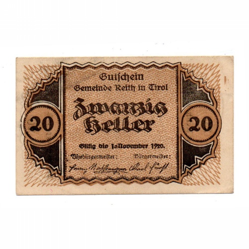Ausztria Notgeld Reith 20 Heller 1920