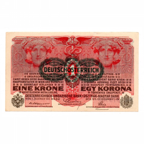 1 Korona Bankjegy 1916 Deutschösterreich bélyegzéssel EF