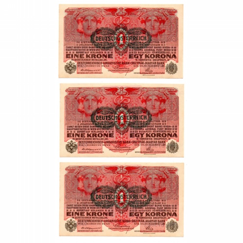 1 Korona Bankjegy 1916 Deutschösterreich sorszámkövető 3 db UNC