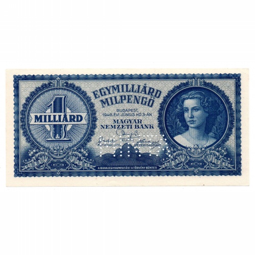 1 Milliárd Milpengő Bankjegy 1946 MINTA perforációval