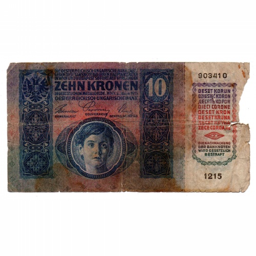 10 Korona Bankjegy 1915 Magyarország felülbélyezéssel G