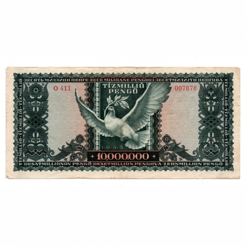 10 Millió Pengő Bankjegy 1945 VF alacsonyabb sorszám 007409