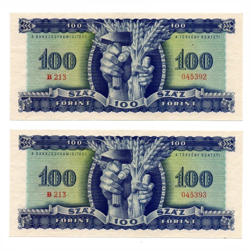 100 Forint Bankjegy 1946 UNC -kék százas- sorszámkövető pár