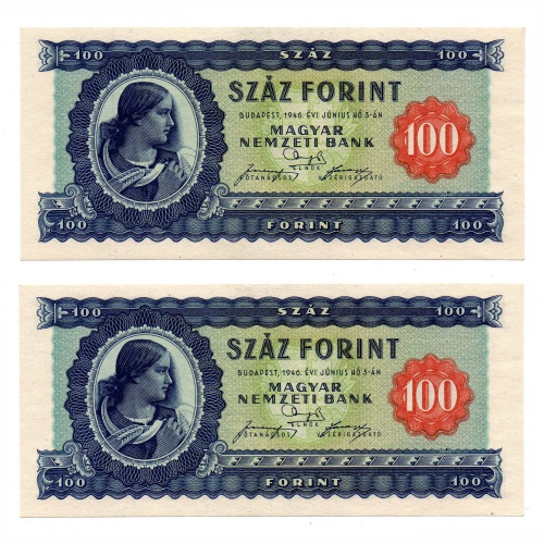 100 Forint Bankjegy 1946 UNC -kék százas- sorszámkövető pár