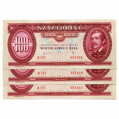 100 Forint Bankjegy 1989 UNC sorszámkövető 3 db