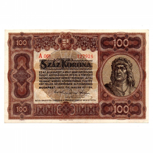 100 Korona Államjegy 1920 XF A001 sorozat