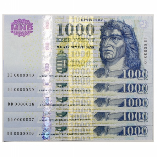 1000 Forint Bankjegy 2015 DD UNC alacsony sorszámkövető 5db