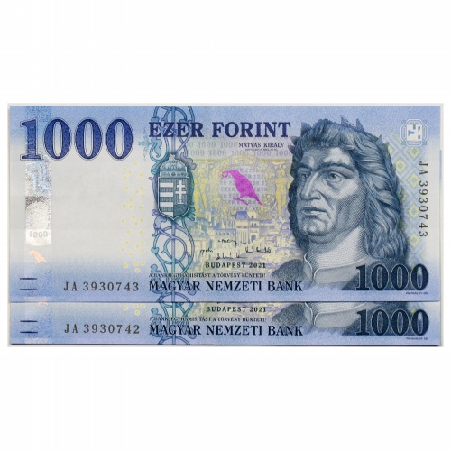 1000 Forint Bankjegy 2021 JA aUNC forgalmi sorszámkövető pár