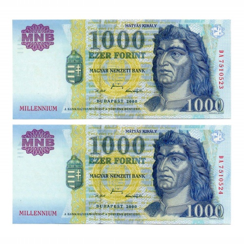 1000 Forint Bankjegy Millennium 2000 DA UNC sorszámkövető pár