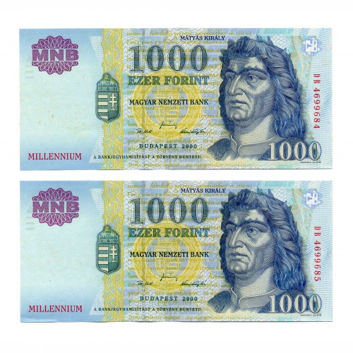 1000 Forint Bankjegy Millennium 2000 DB gEF sorszámkövető pár