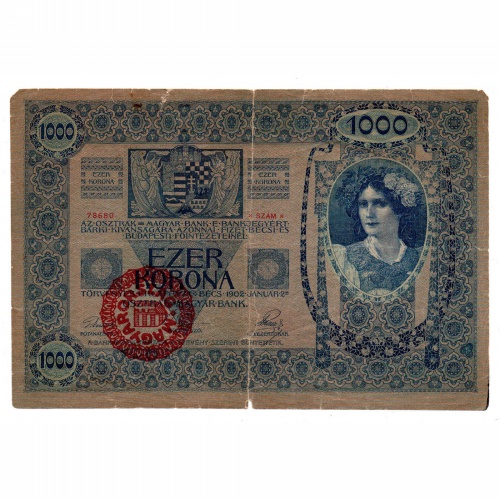 1000 Korona Bankjegy 1902 Magyarország felülbélyegzéssel G-VG