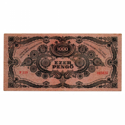 1000 Pengő Bankjegy 1945 VF egyenes hármas a sorszámban Bélyeg