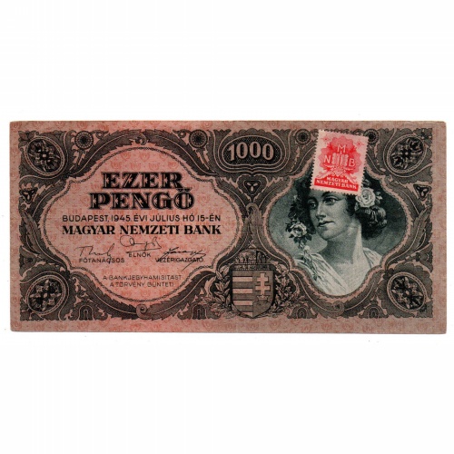 1000 Pengő Bankjegy 1945 VF vagyondézsma bélyeggel