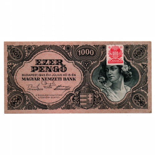 1000 Pengő Bankjegy 1945 aEF vagyondézsma bélyeggel