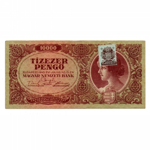 10000 Pengő Bankjegy 1945 VF vagyondézsma bélyeggel