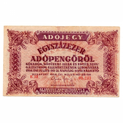 100000 Adópengő 1946 P51 alacsony sorszám 01.231