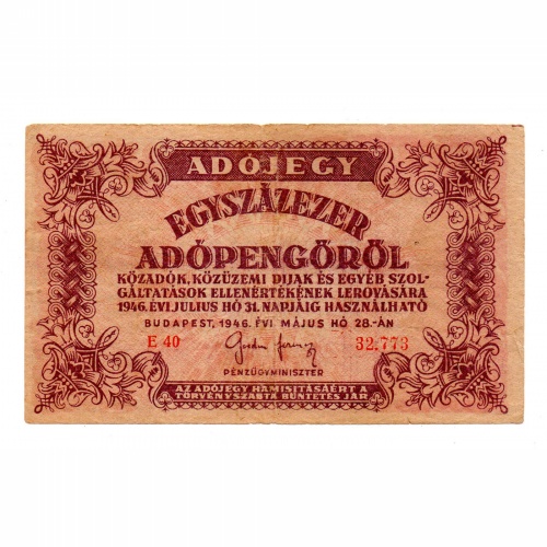 100000 Adópengő 1946 P51/1 F sorszámos 5600 rendelettel R