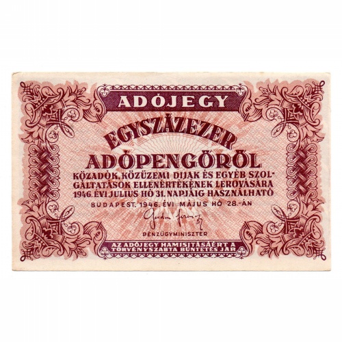 100000 Adópengő 1946 P51B EF eltolódott nyomat