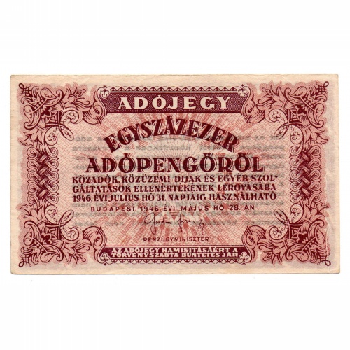 100000 Adópengő 1946 P51B VF átszivárgó nyomat