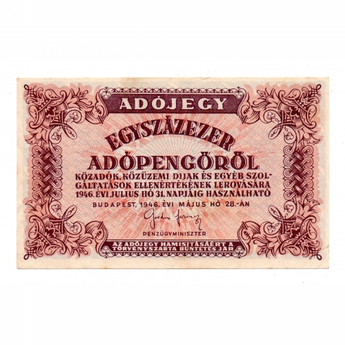 100000 Adópengő 1946 P51B VF világos alapnyomat a hátoldalon