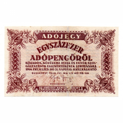 100000 Adópengő 1946 P51Bh/1 hiányzó hátlapi alapnyomat