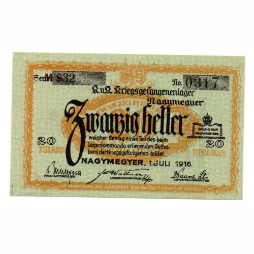 1916 Nagymegyer Hadifogolytábor 20 Fillér MS