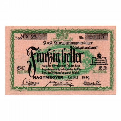 1916 Nagymegyer Hadifogolytábor 50 Fillér MS