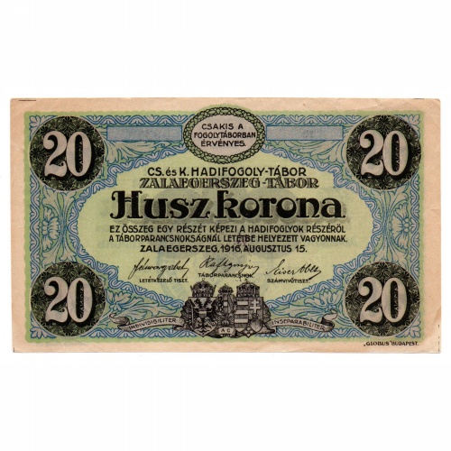 1916 Zalaegerszeg Hadifogoly-tábor 20 Korona, Eiser, bélyegzővel