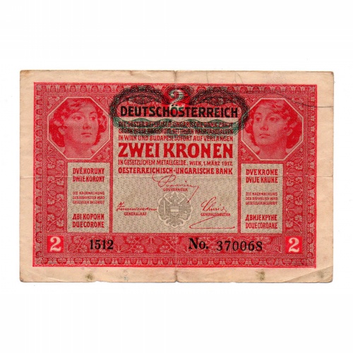 2 Korona Bankjegy 1917 Deutschösterreich bélyegzéssel F