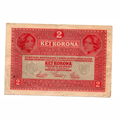 2 Korona Bankjegy 1917 Deutschösterreich bélyegzéssel VF