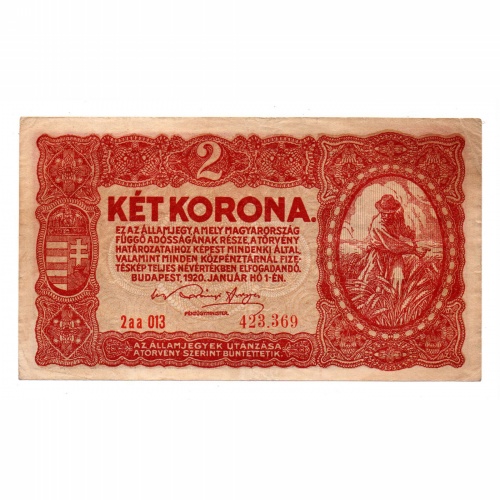 2 Korona Államjegy 1920 aa sorozat VF