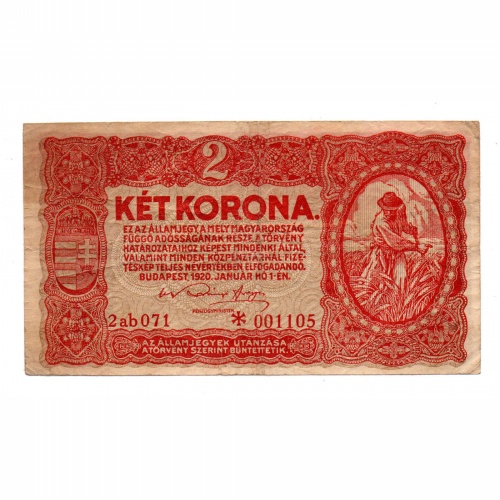 2 Korona Államjegy 1920 ab sorozat sötétvörös alacsony sorszám