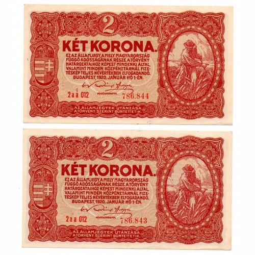 2 Korona Államjegy 1920 aa sorszámkövető pár XF