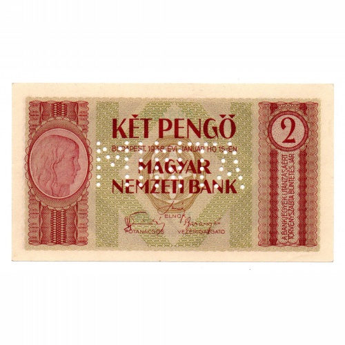 2 Pengő Bankjegy 1938 MINTA perforációval