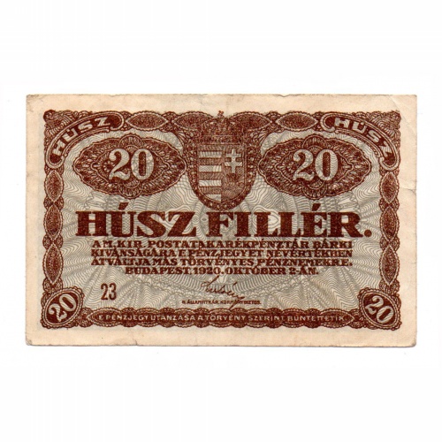 20 Fillér Postatakarékpénztár jegy 1920 VF