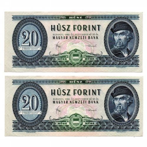 20 Forint Bankjegy 1980 aEF-EF alacsonyabb sorszámkövető pár