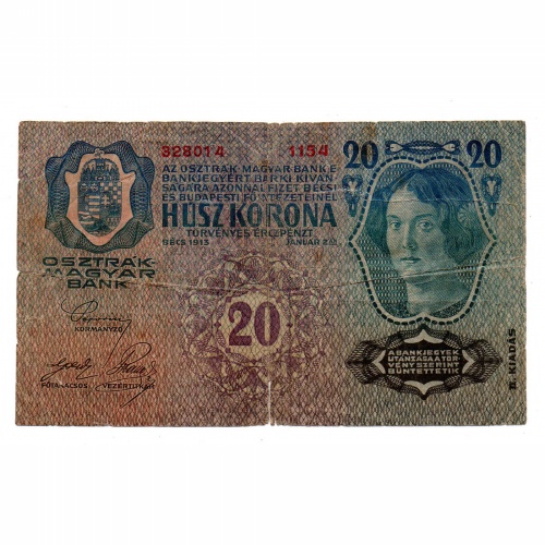 20 Korona Bankjegy 1913 II. kiadás Deutschösterreich bélyegzés G