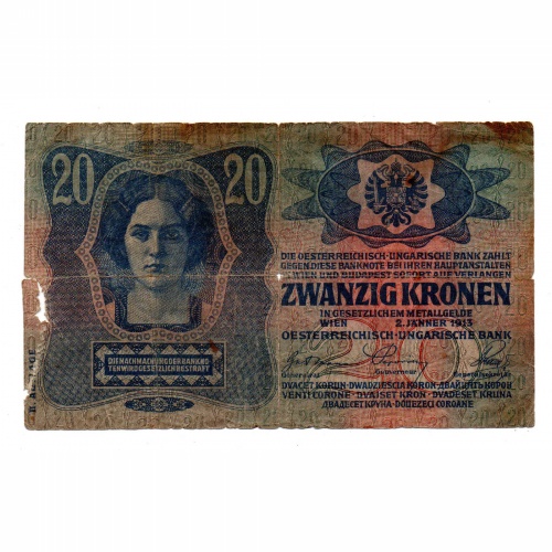 20 Korona Bankjegy 1913 II. kiadás Magyarország bélyegzéssel G