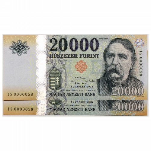 20000 Forint Bankjegy 2022 IS UNC alacsony sorszámkövető pár