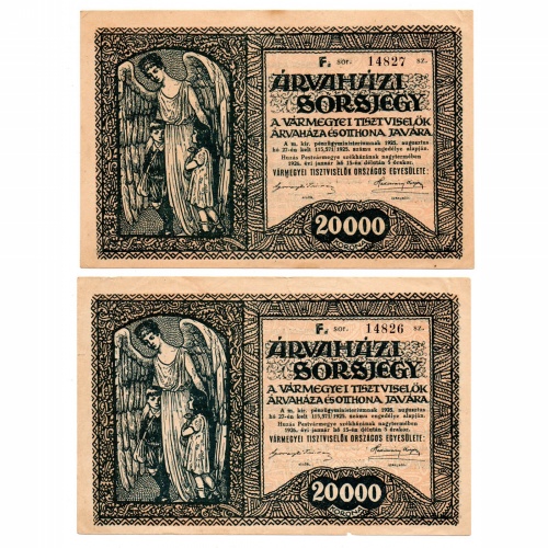 20000 Korona Árvaházi Sorsjegy E sorozat 1925 sorszámkövető pár