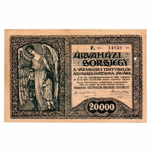 20000 Korona Árvaházi Sorsjegy F sorozat 1925