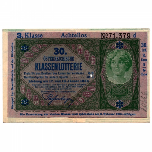 Donaustaat 20 Korona 30. Klassenlotterie felülnyomás 1934 PS152b