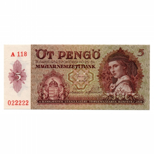 5 Pengő Bankjegy 1939 aUNC külömleges sorszám 022222