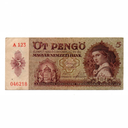 5 Pengő Bankjegy 1939 VF