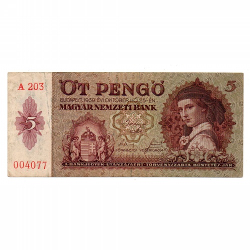 5 Pengő Bankjegy 1939 VF alacsony sorszám 004077