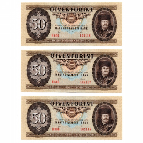 50 Forint Bankjegy 1980 H sorozat sorszámkövető 3 db UNC