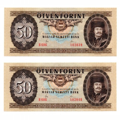 50 Forint Bankjegy 1980 H sorozat sorszámkövető pár UNC