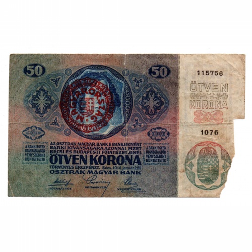 50 Korona Bankjegy 1914 Magyarország felülbélyegzéssel P