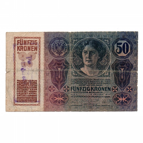 50 Korona Bankjegy 1914 bélyegzéssel B